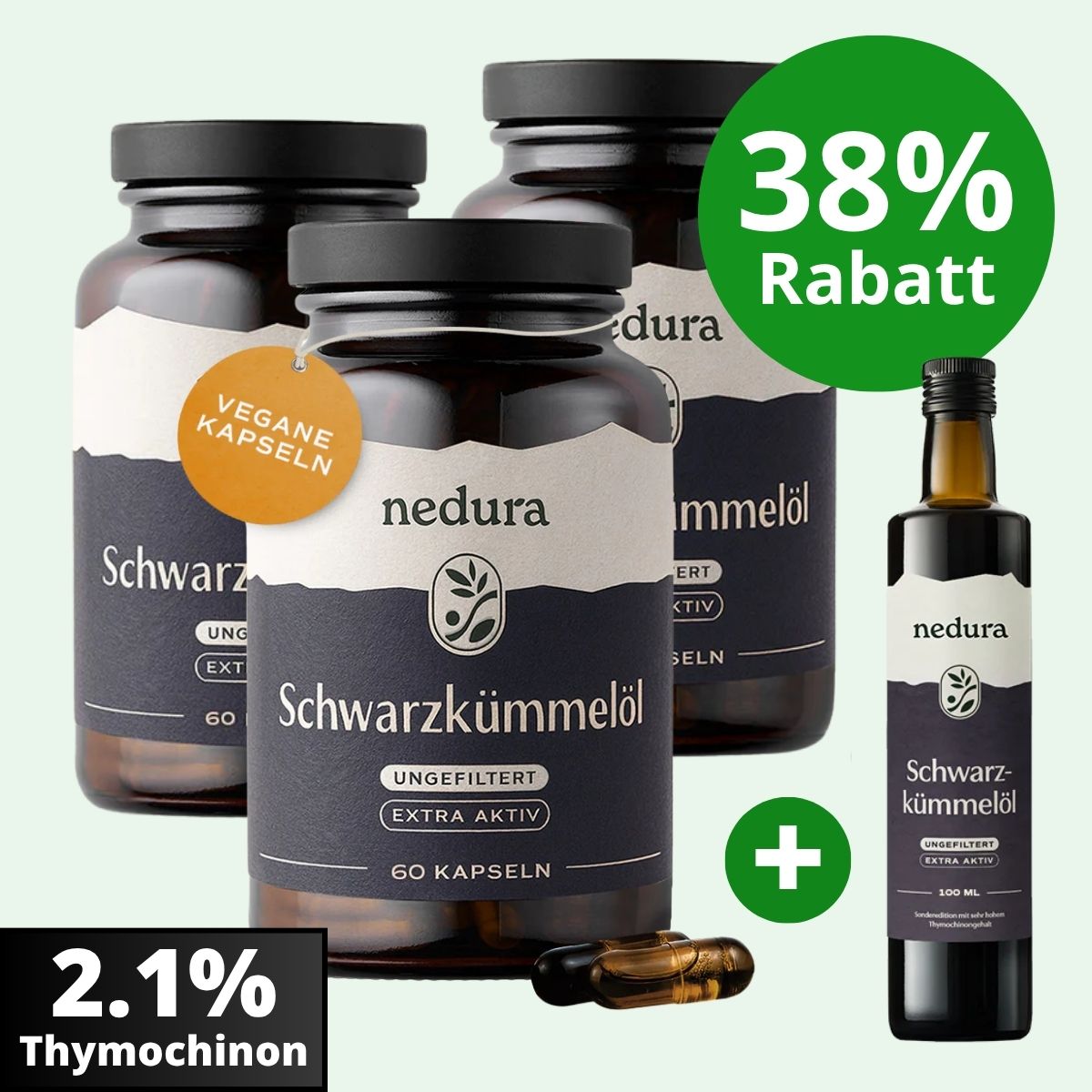 nedura | 3x Extra Aktiv Schwarzkümmelöl Kapseln + 1x GRATIS Extra Aktiv Schwarzkümmelöl  100ml
